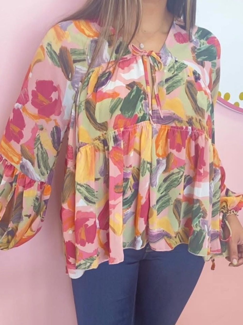 Brushstroke Floral Peplum Tunic in Pink